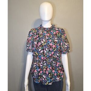 Catherine Malandrino Floral Smocked Waist Blouse Spring Colorful Cottagecore SzS